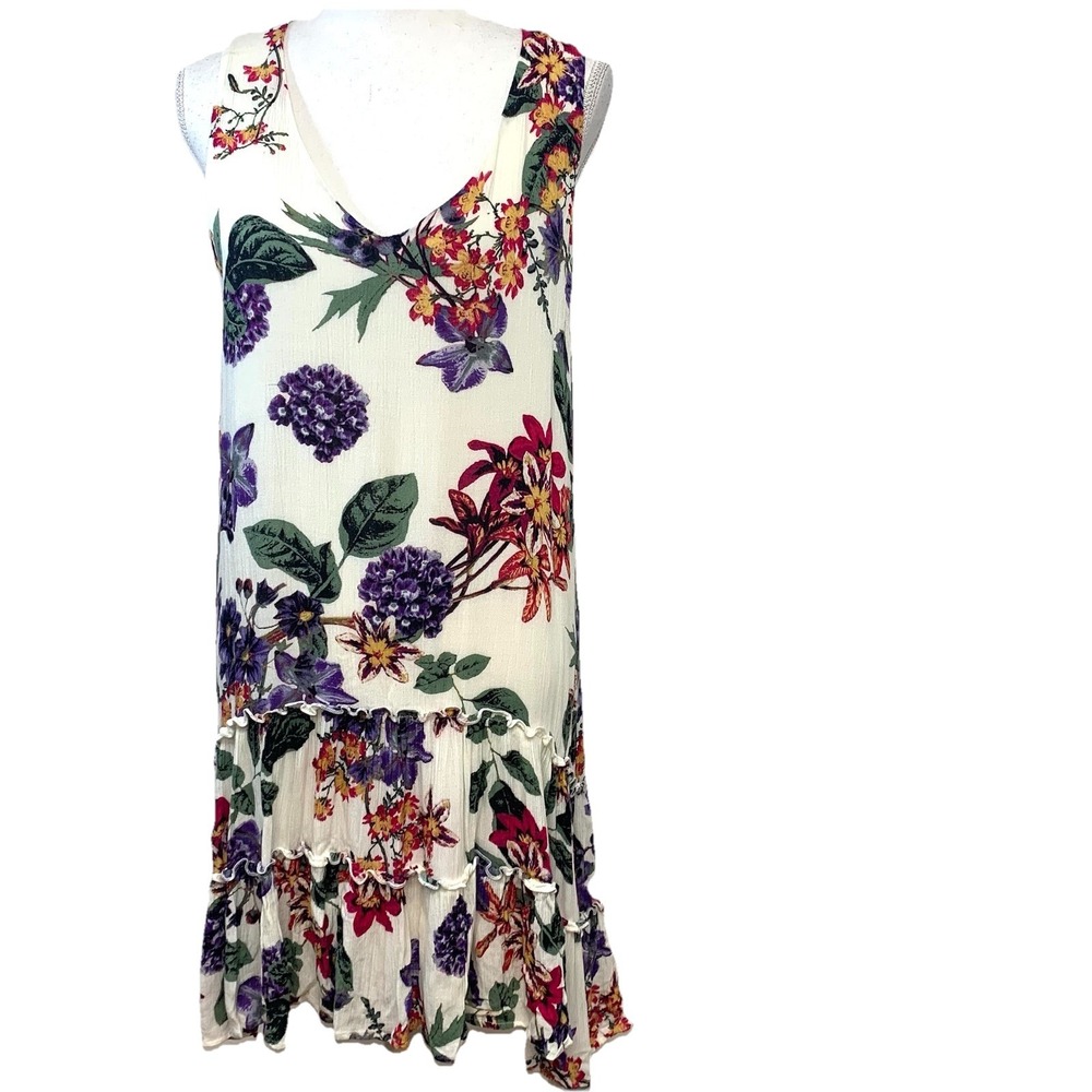 Karen Kane Gauzy Floral Tiered Dress Large Sleeveless V Neck Lined Tropical USA
